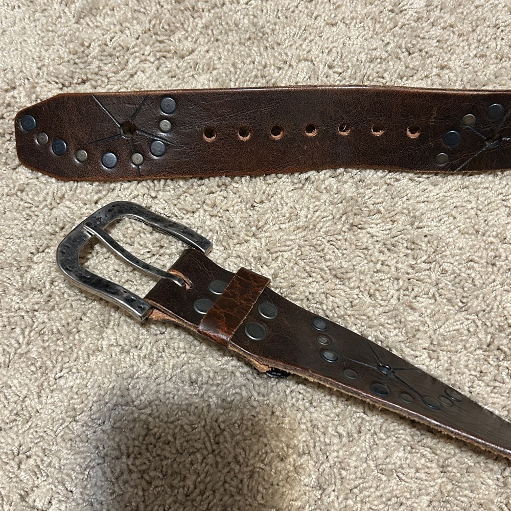 Brave Brown Studded Leather Belt with Hammered Chrome Buckle (33” fit)